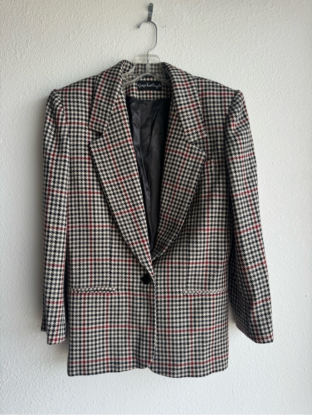 Vintage 80s Giorgio Sant’ Angelo Houndstooth Wool Blazer size 12 Black White Red